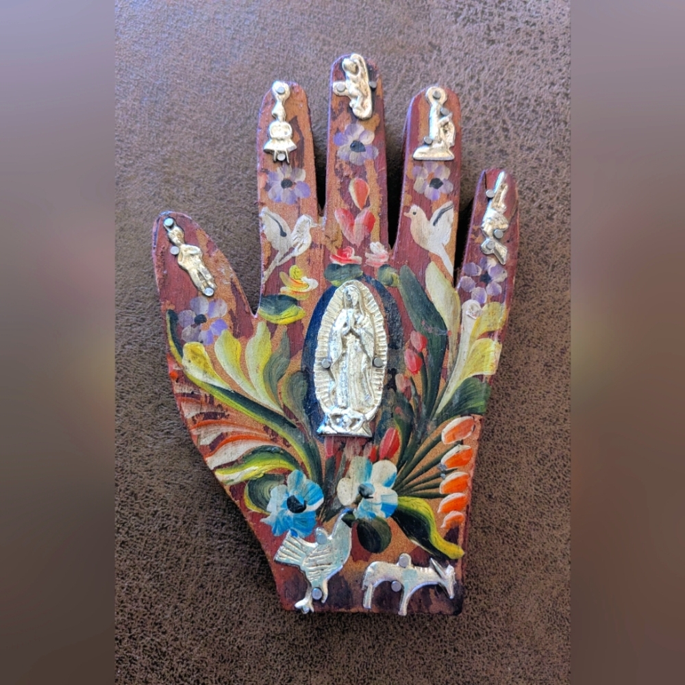 Hand Painted Wooden Virgin Guadalupe Milagro Right Hand